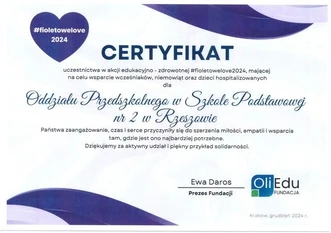 Dyplom - certyfikat udziału w programie Fioletowelove