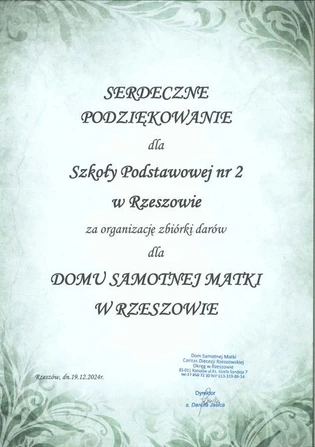 Dyplom - podziękowanie za pomoc w zbiórce darów na rzecz Domu Samotnej Matki w Rzeszowie