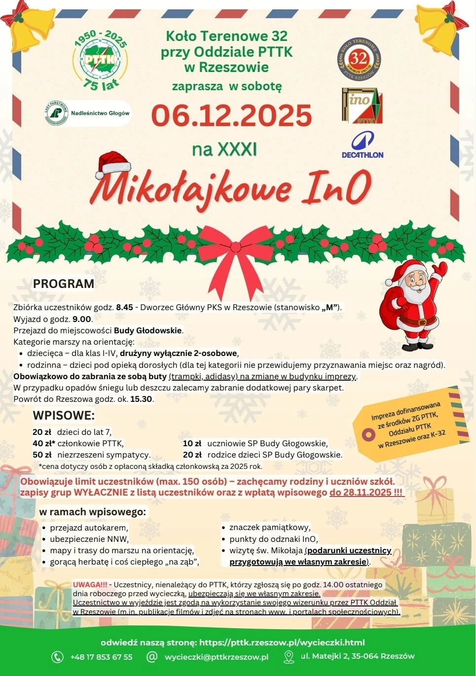 Plakat zawiera informacje o Mikołajkowych marszach na Orientację