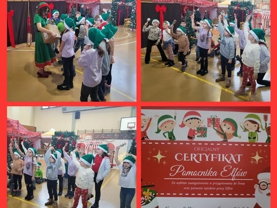 Dzieci stoją przed elfem . Grają na instrumentach i tańczą naśladując jego ruchy.