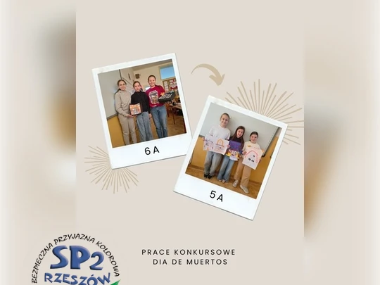 Kolaż przedstawiający laureatki Szkolnego Konkursu "Dzień Zmarłych w Meksyku" prezentujące swoje prace.