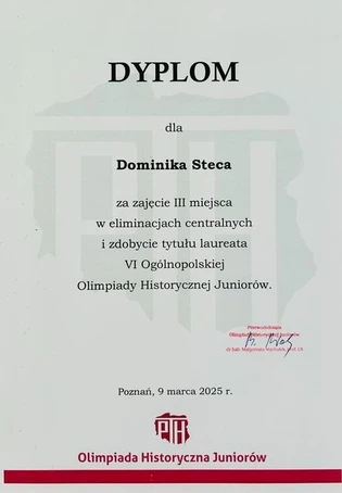 Dyplom za zajęcie III miejsca w olimpiadzie historycznej