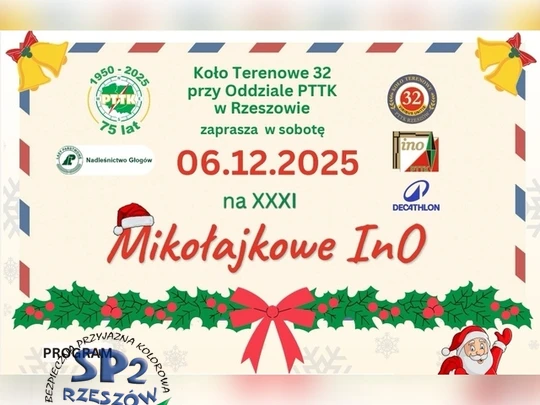 Grafika zachęcająca do udziału w Mikołajkowych Marszach na Orientację.