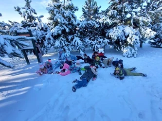 Uczniowie szkoły przy obsypanych śniegiem choinkach